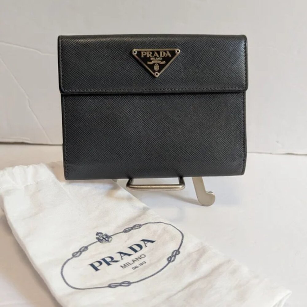 Prada Textured Gray Trifold Wallet with Dust Bag